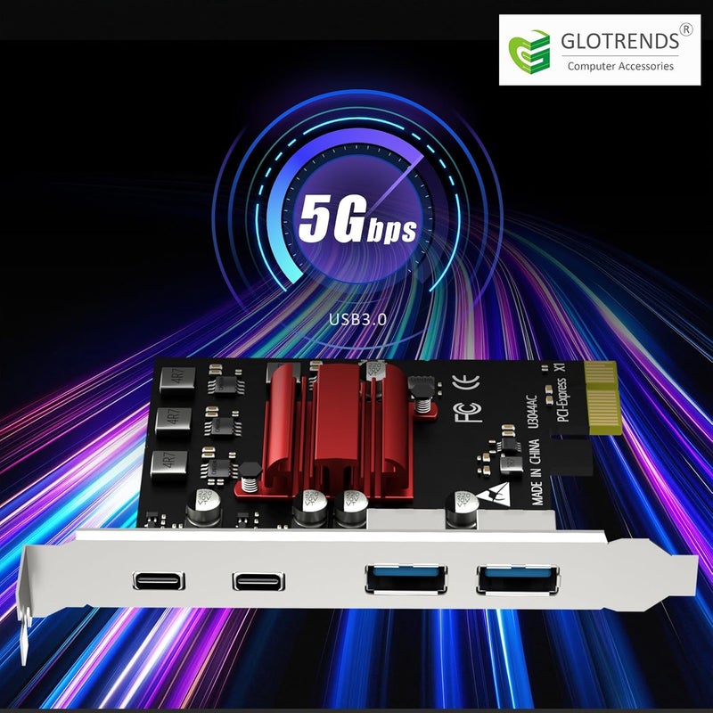 GLOTRENDS بطاقة توسيع PCIe 4-منافذ (2 x Type-C + 2 x Type-A) USB 3.0 بسرعة 5Gbps لمنصات Intel و AMD و ARM، متوافقة مع Windows و Linux (لا تدعم Mac OS) - Image 5